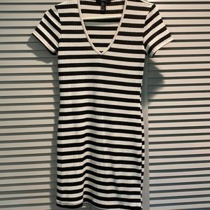 Black and white striped V-neck dress